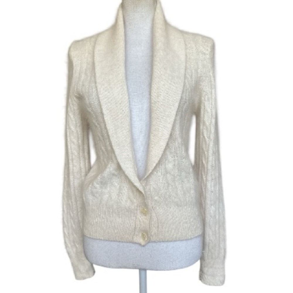 VTG Cassidy Off-White Cream Silk Angora Cable Knit Cardigan with Shawl Collar L